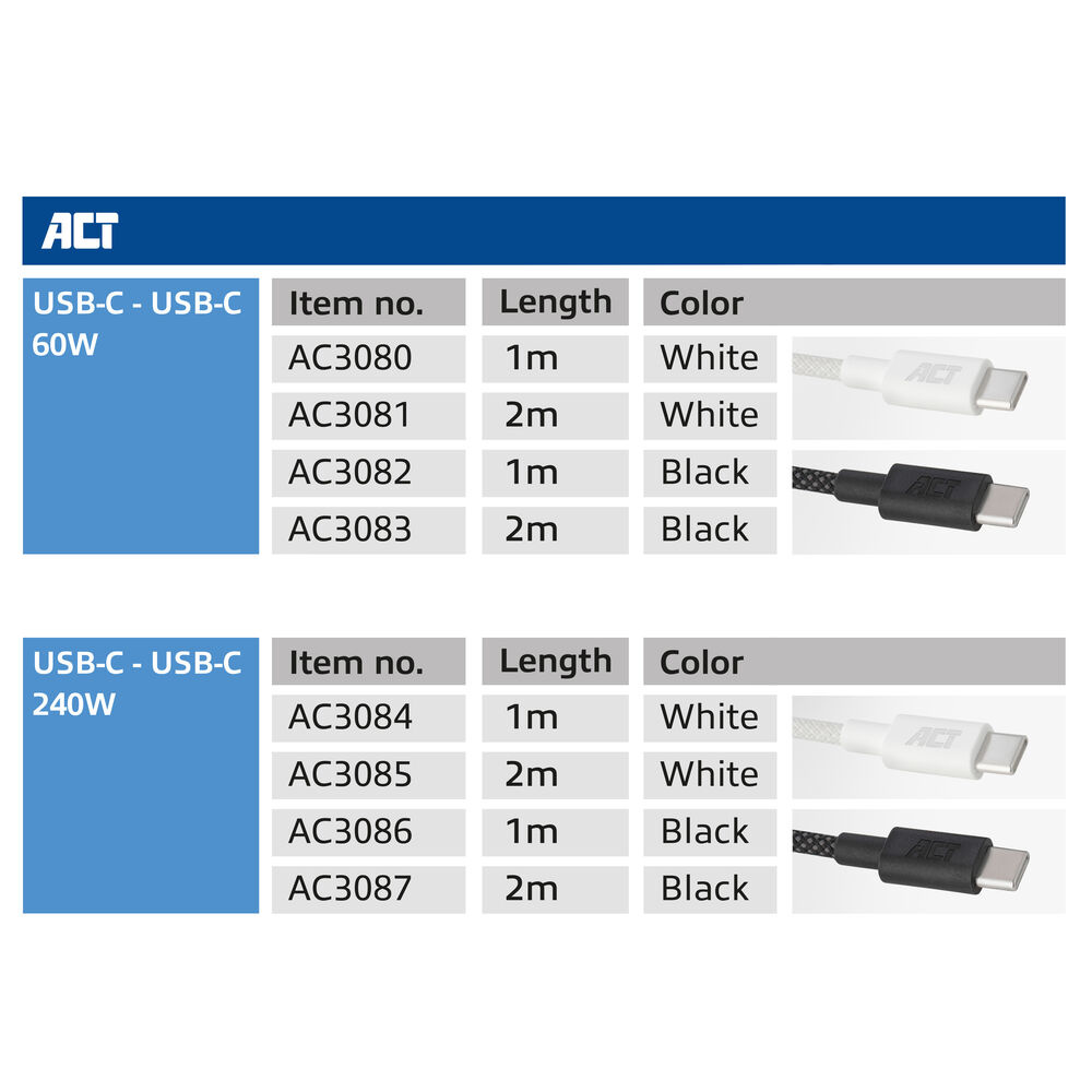 ACT USB-Kabel, USB-C, 60W, 1m, Wit