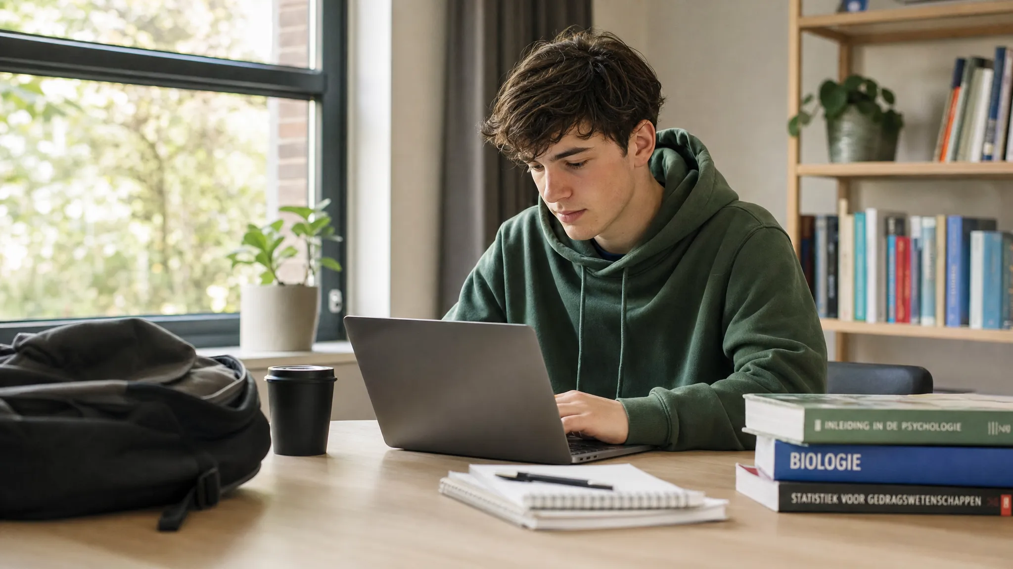 Een student werkt aan een compacte laptop op een opgeruimd bureau met studieboeken, een notitieblok, een kop koffie en een rugtas ernaast, in een rustige studeerkamer met veel natuurlijk licht.