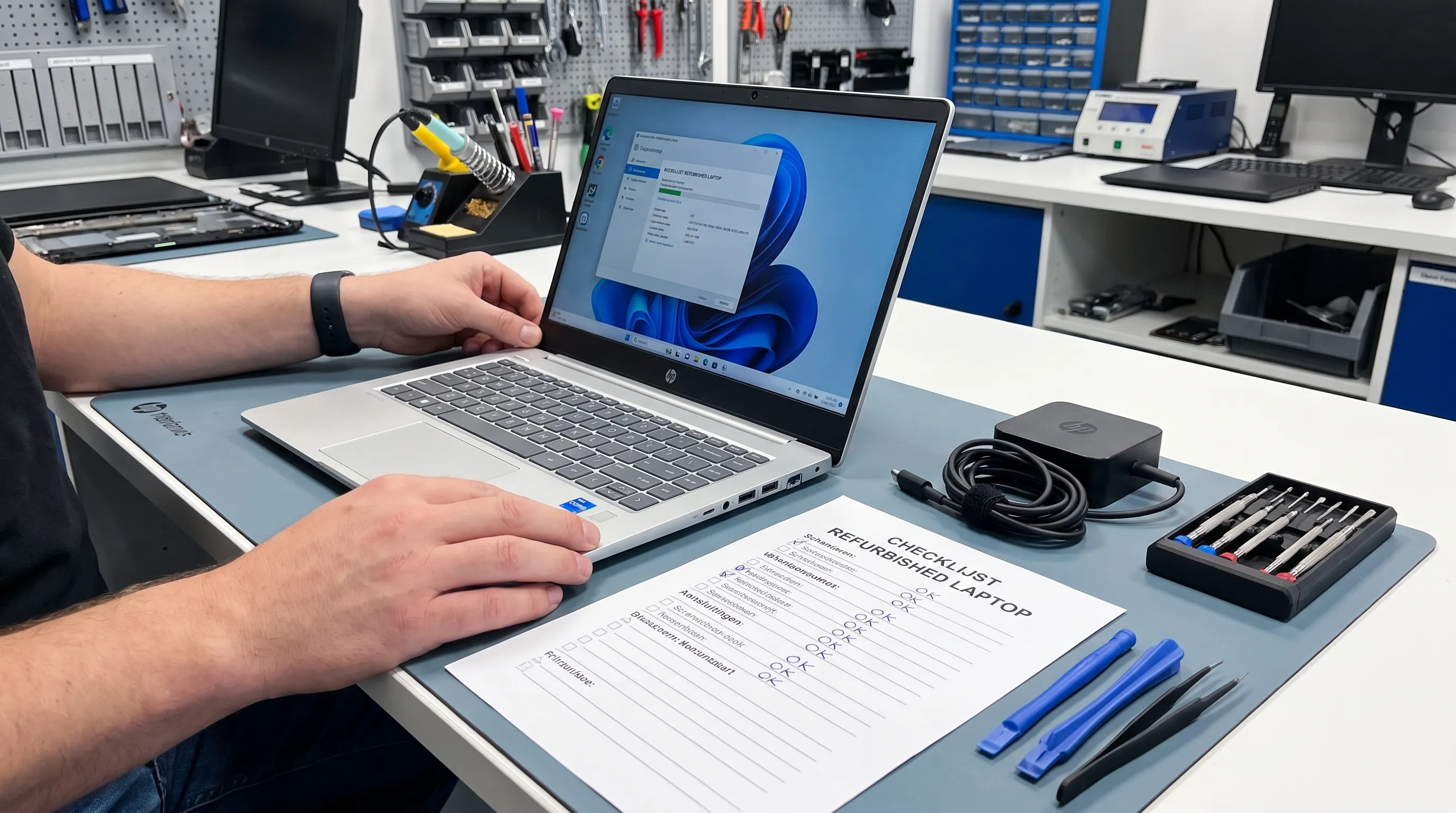 Een refurbished laptop op een servicebalie naast een checklist, oplader en klein gereedschap, terwijl een technicus de aansluitingen en scharnieren controleert.