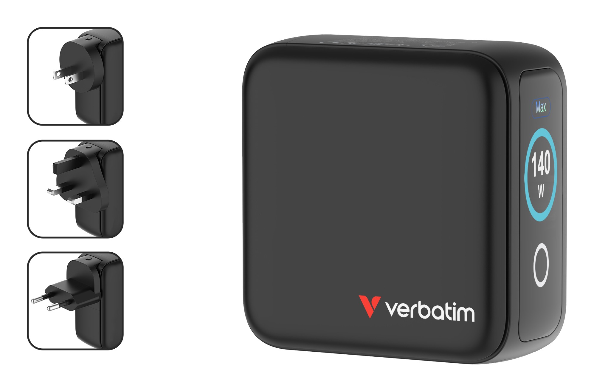 Verbatim Mini GaN Lader met display, 140W, 3x USB-C, 1x USB-A