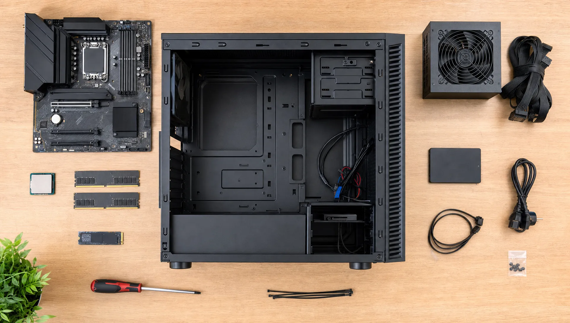 Een open desktopbehuizing van bovenaf op een werkbank met losse pc-onderdelen zoals moederbord, processor, geheugen, SSD, voeding en kabels overzichtelijk eromheen gelegd.