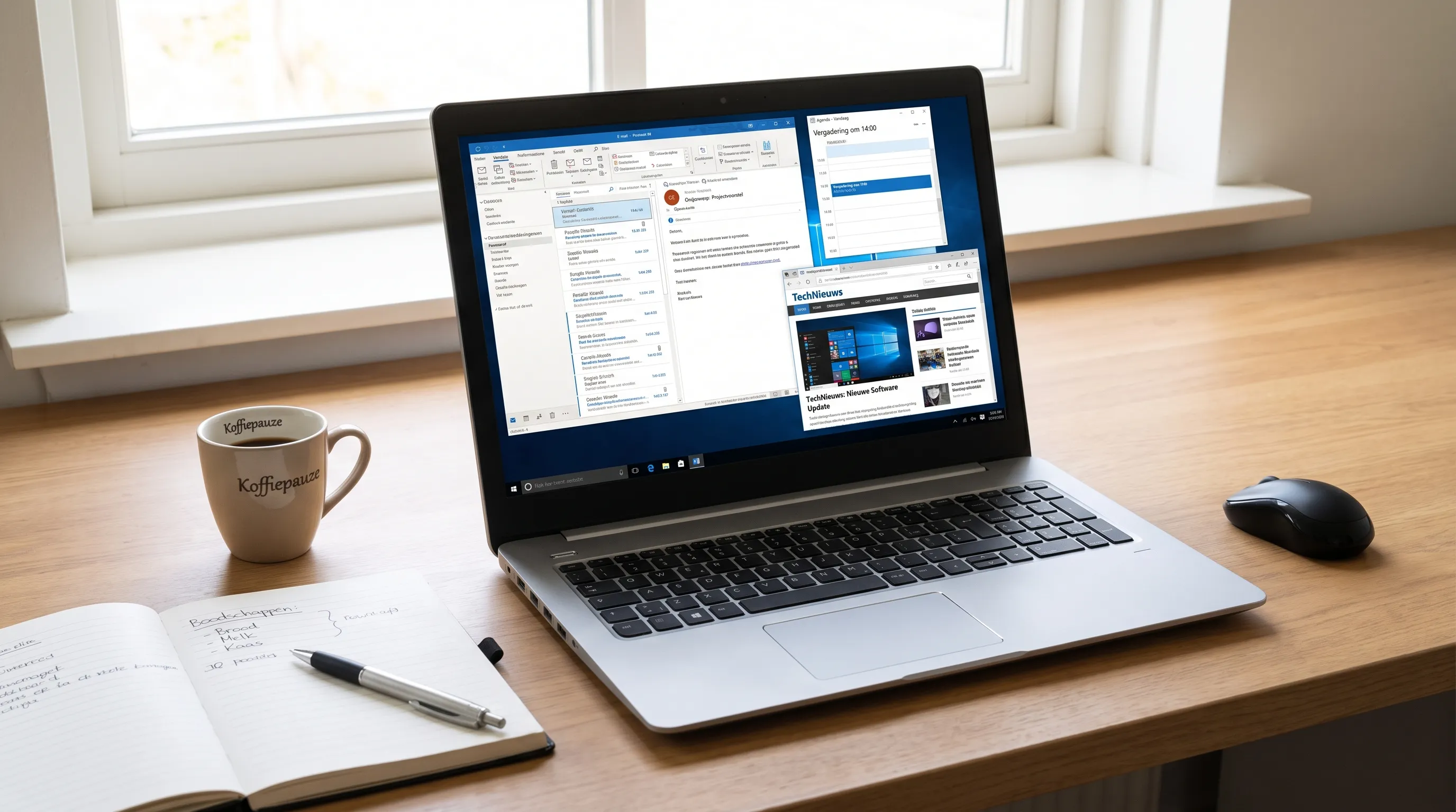Een 17 inch laptop op een bureau met muis, notitieboek en koffiekop, met meerdere vensters naast elkaar op het scherm.