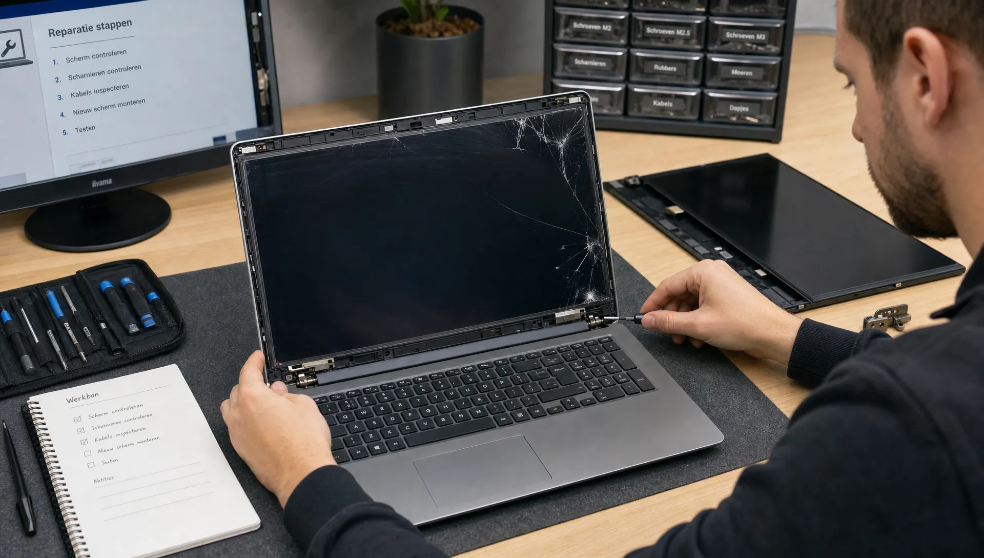 Een open laptop met een beschadigd scherm ligt op een nette werkbank, terwijl een technicus de schermrand en scharnieren controleert met klein gereedschap; daarnaast staan een extern beeldscherm, een notitieblok en enkele vervangende onderdelen klaar.
