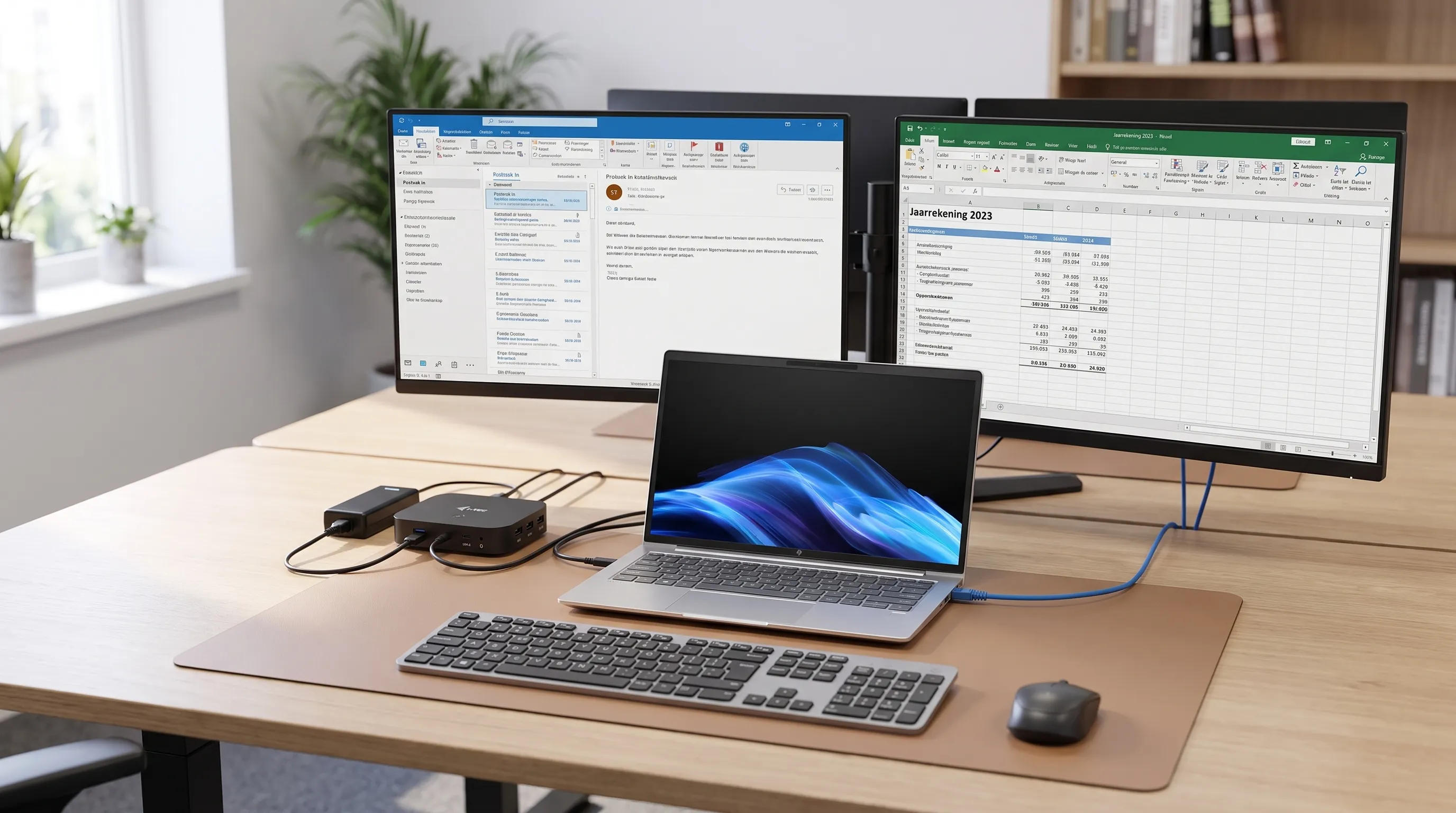 Een zakelijke werkplek met een laptop op een bureau, een dockingstation, twee monitoren, toetsenbord, muis en netwerkkabel voor hybride werken.