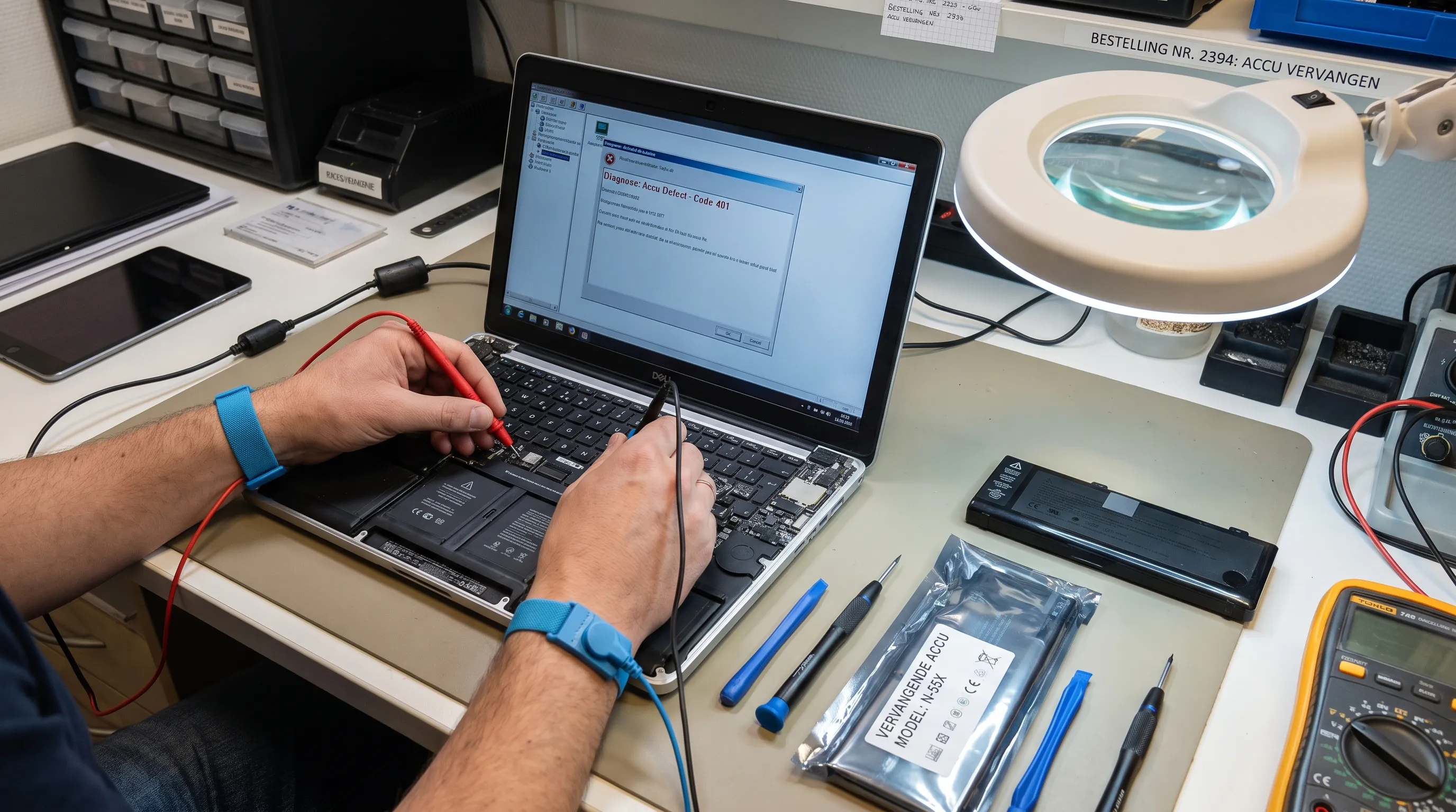 Een laptop staat open op een reparatiewerkbank naast een vervangende accu en precisiegereedschap terwijl een technicus het defect onderzoekt.