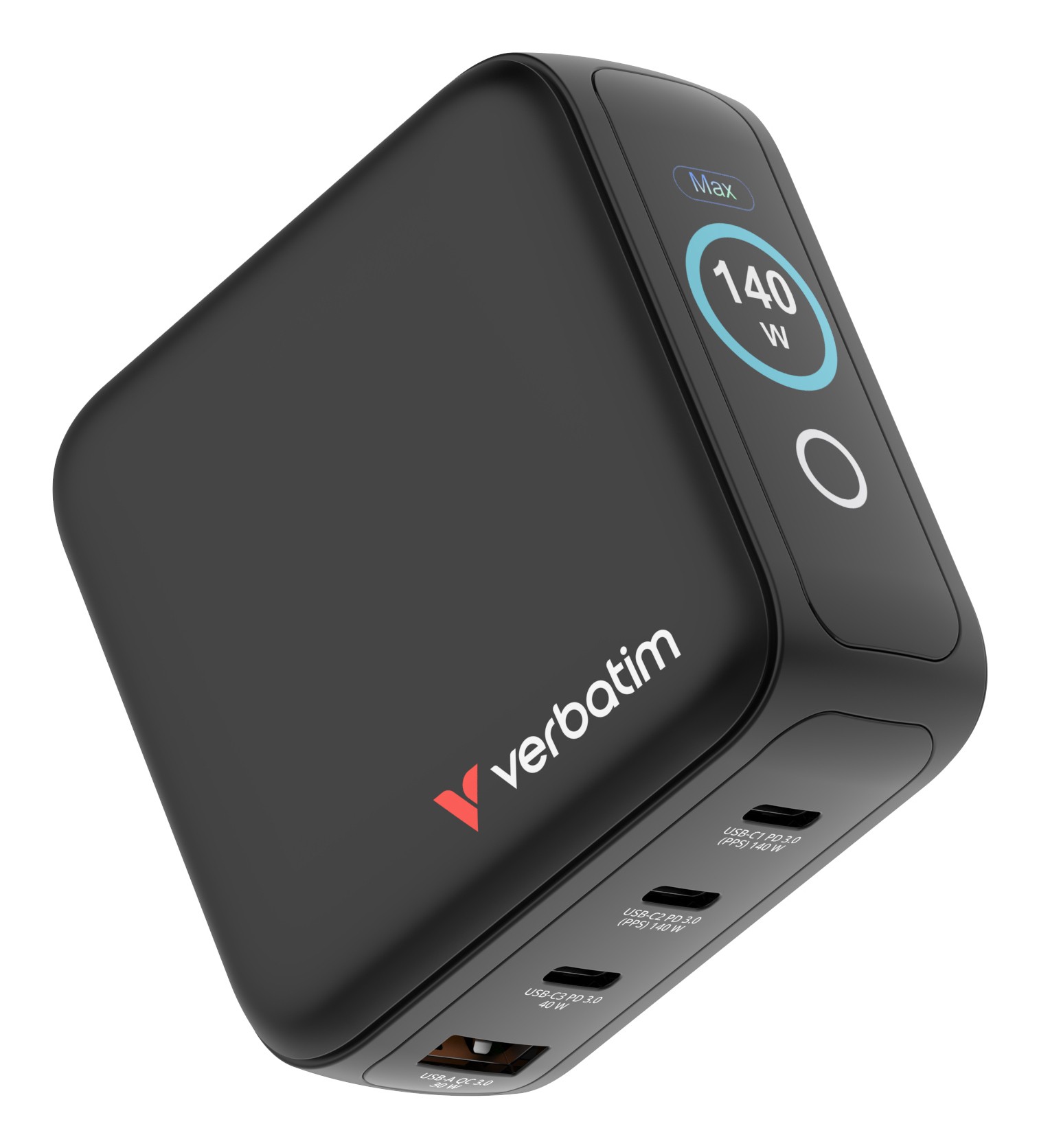 Verbatim Mini GaN Lader met display, 140W, 3x USB-C, 1x USB-A