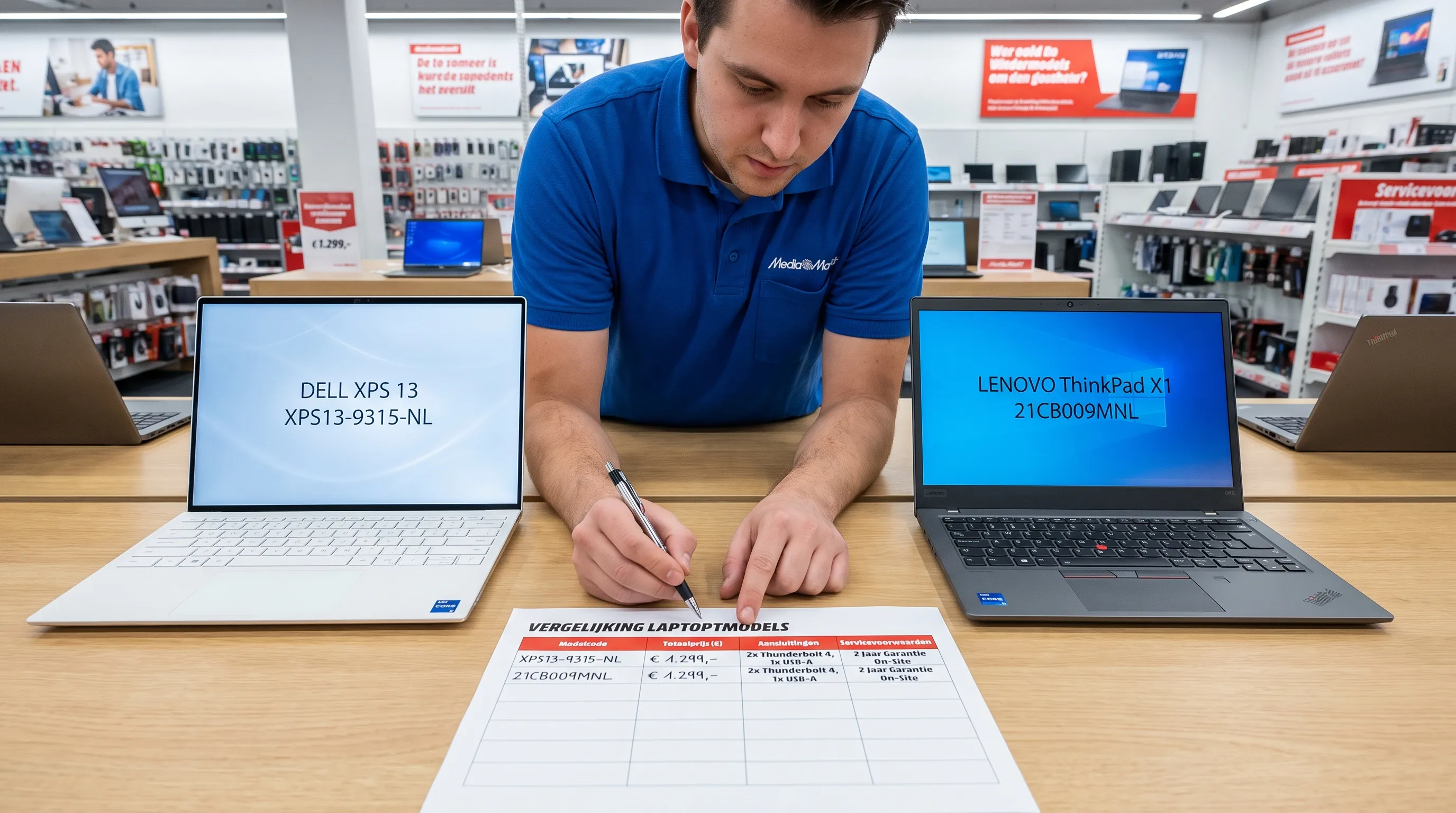 Twee laptops staan naast elkaar op een winkelbalie terwijl een medewerker de modelcodes, totaalprijs, aansluitingen en servicevoorwaarden op een vergelijkingsformulier controleert.