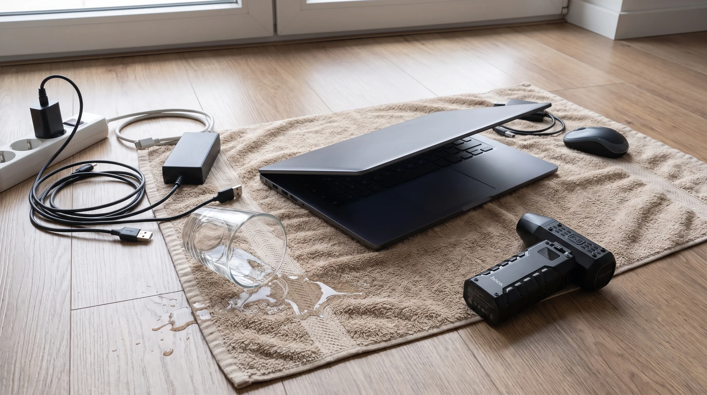 Een uitgeschakelde laptop ligt half geopend op een droge handdoek naast een omgevallen glas water en losgekoppelde kabels, met accessoires apart gelegd zodat duidelijk is dat de stroom is losgekoppeld.