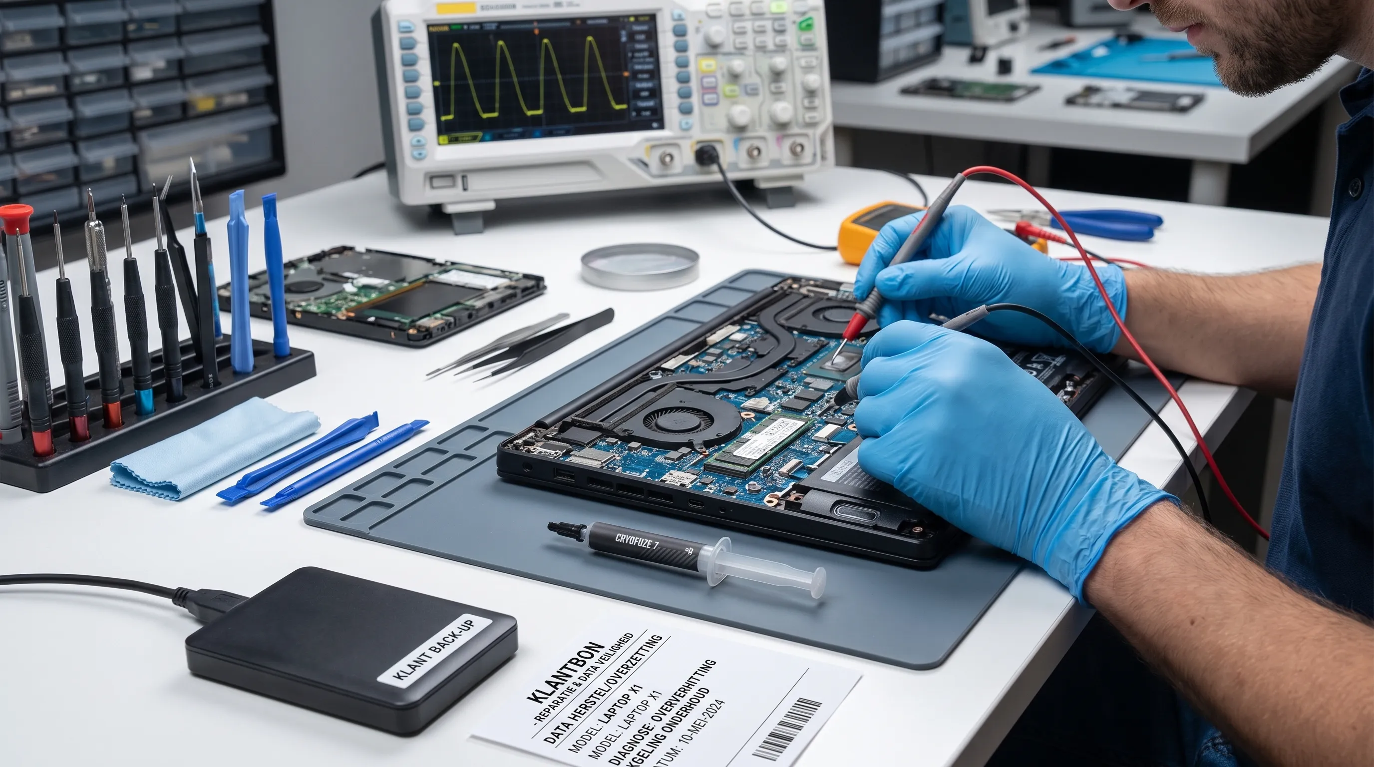 Een technicus onderzoekt zorgvuldig een geopende laptop op een werkbank met netjes gerangschikt gereedschap, terwijl een klantbon en een externe opslagdrive naast het apparaat liggen; op de achtergrond staat een meetinstrument en een tweede werkblad buiten scherpte, zodat de nadruk ligt op diagnose en het veilig omgaan met data.