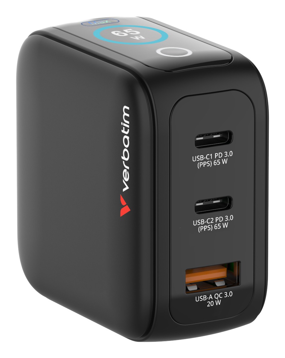 Verbatim Mini GaN Lader  met display, 65W, 2x USB-C, 1x USB-A