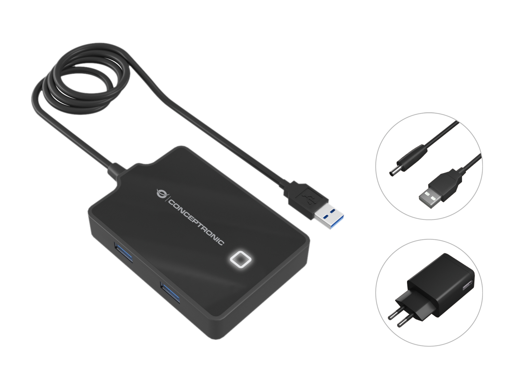 Conceptronic USB Hub 3.0, 1x USB-A (m) > 4X USB-A (f), Voeding