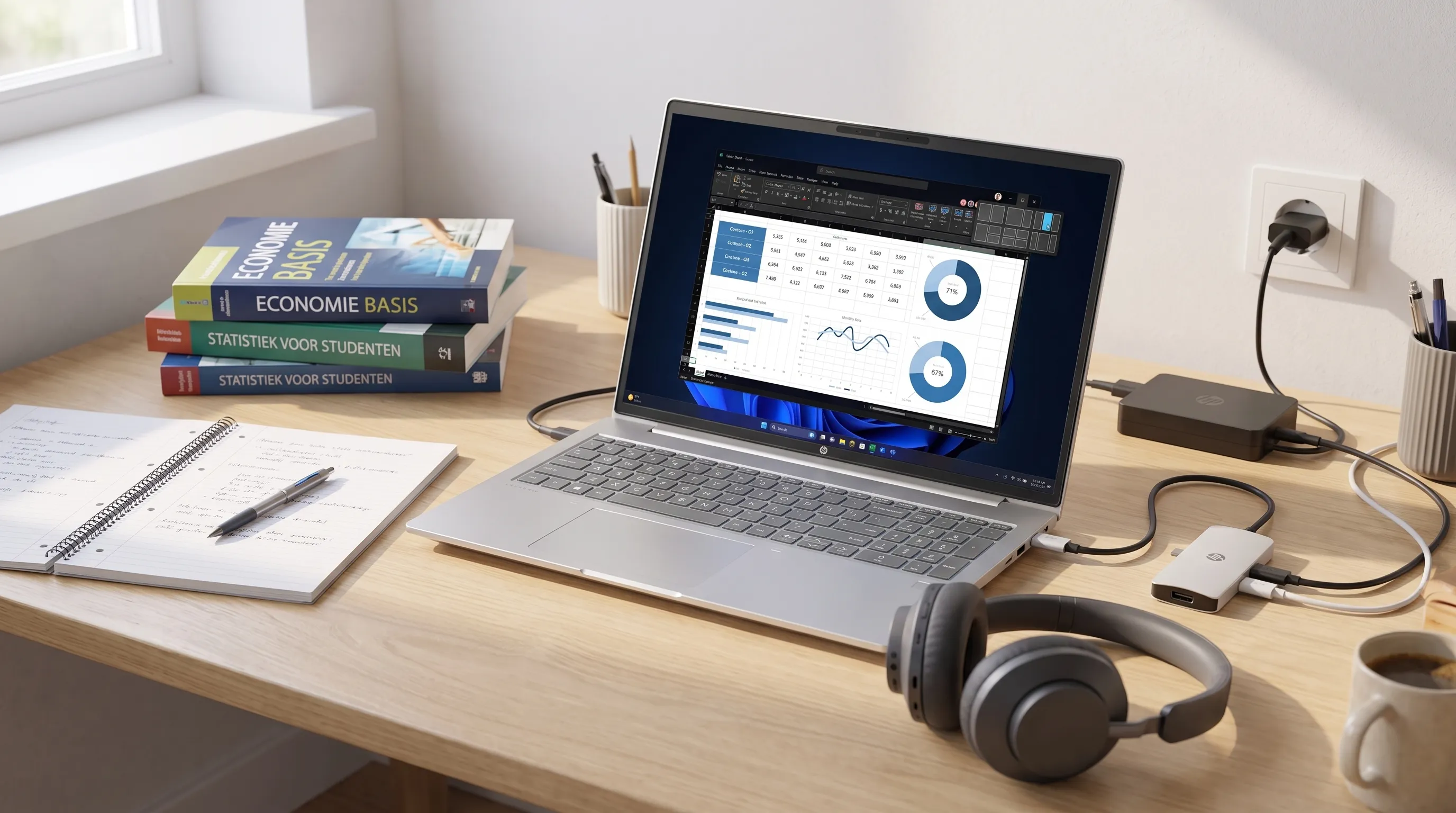 Een studententafel met een open laptop, studieboeken, notitieblok, koptelefoon, oplader en USB-C-hub voor een normale studiedag.