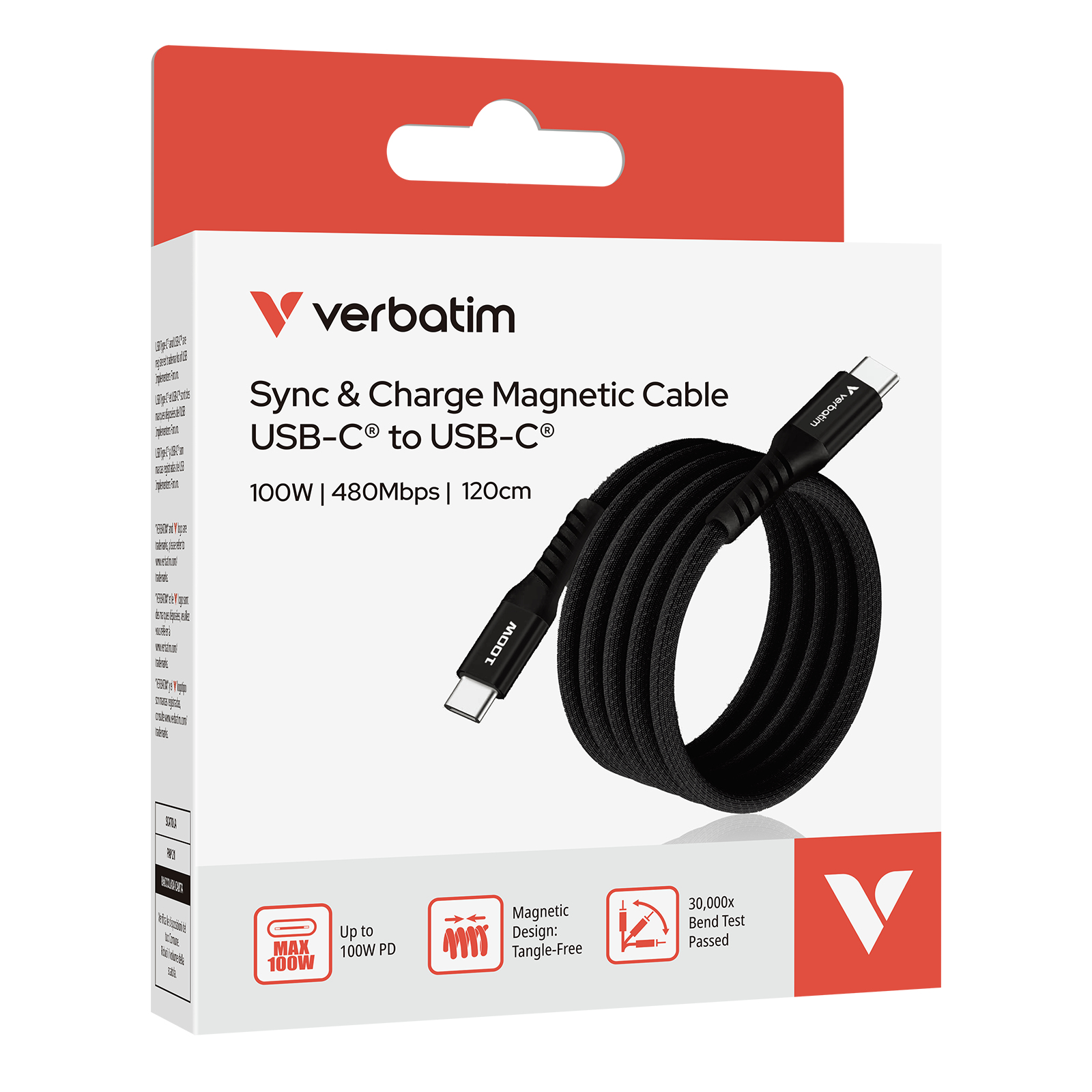 Verbatim Sync & Charge Magnetische Kabel, USB-C, 100W, 1,2m, Zwart