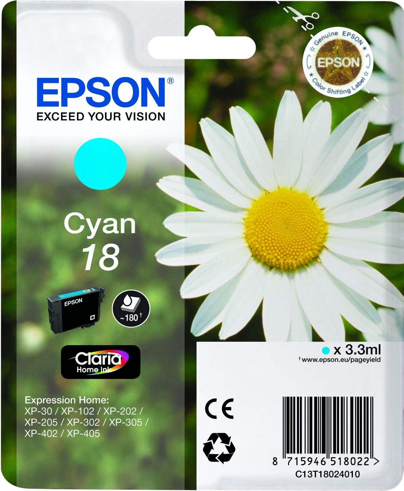 Epson inkt 18, T1802, Cyaan