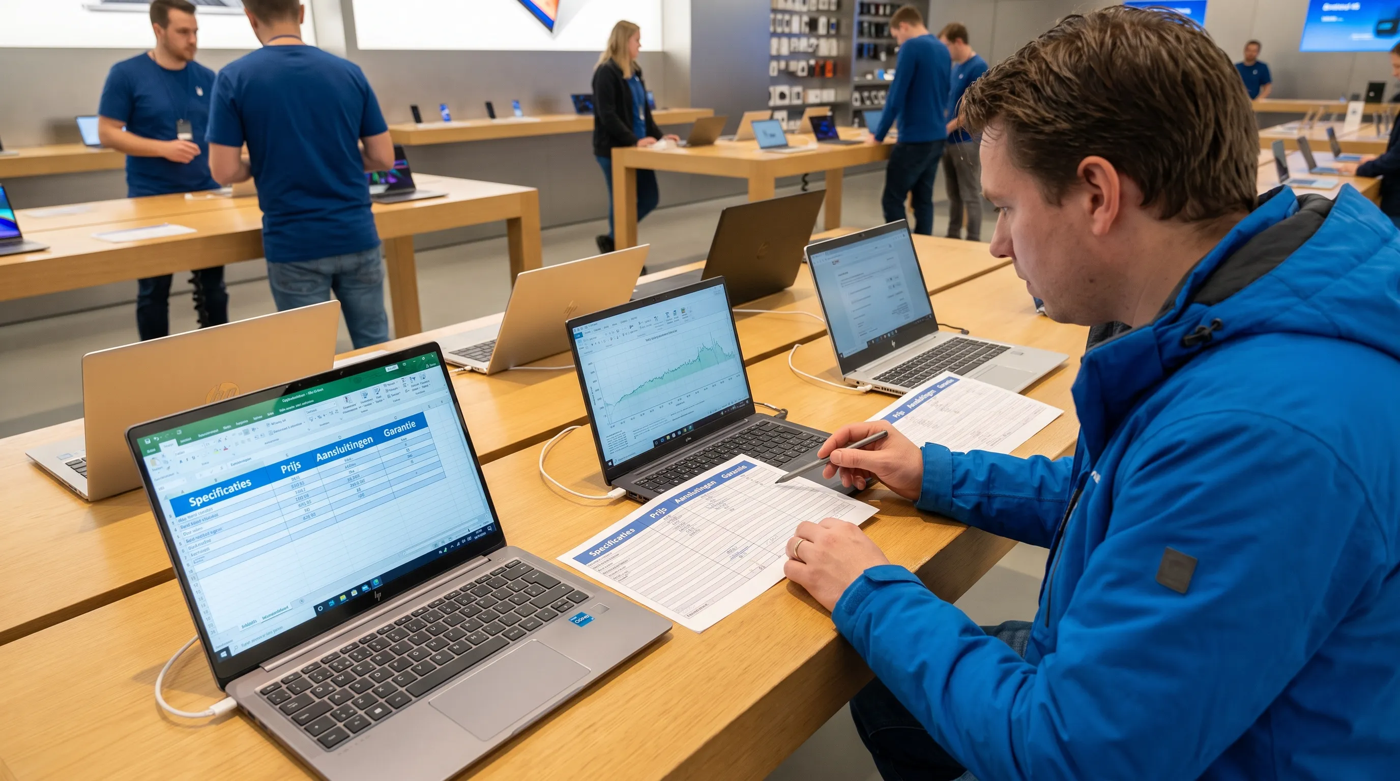 Een klant vergelijkt meerdere laptops op tafel met specificaties, prijs, aansluitingen en garantie.