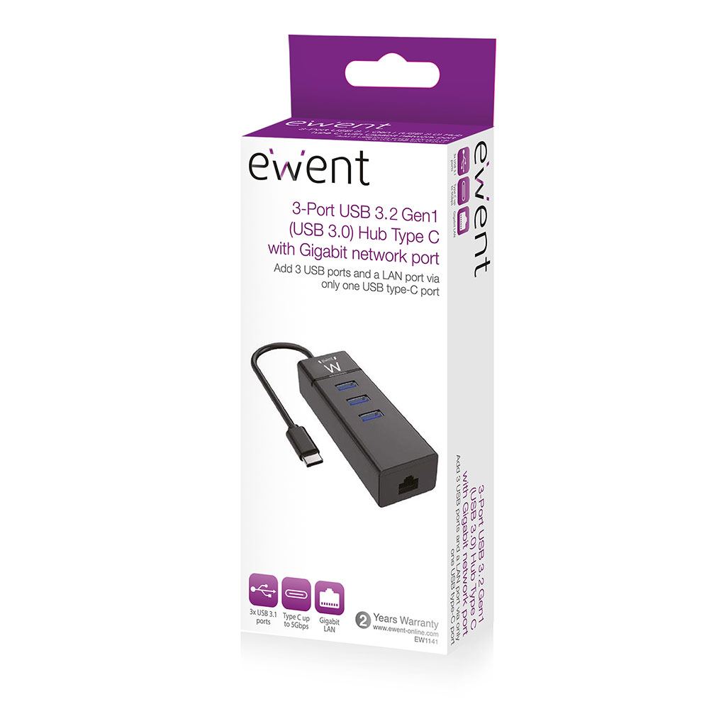 Ewent USB-C Hub met 3xUSB-A en Gigabit netwerk poort, EW1141