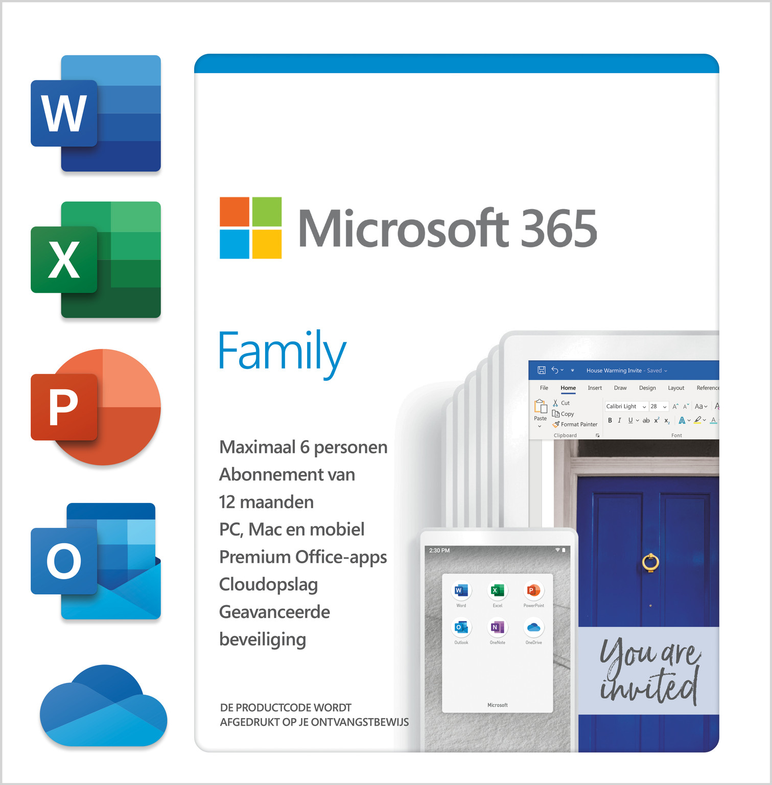 Microsoft Office 365 Family, 1 jaar, 1PC, Mac of Mobiel