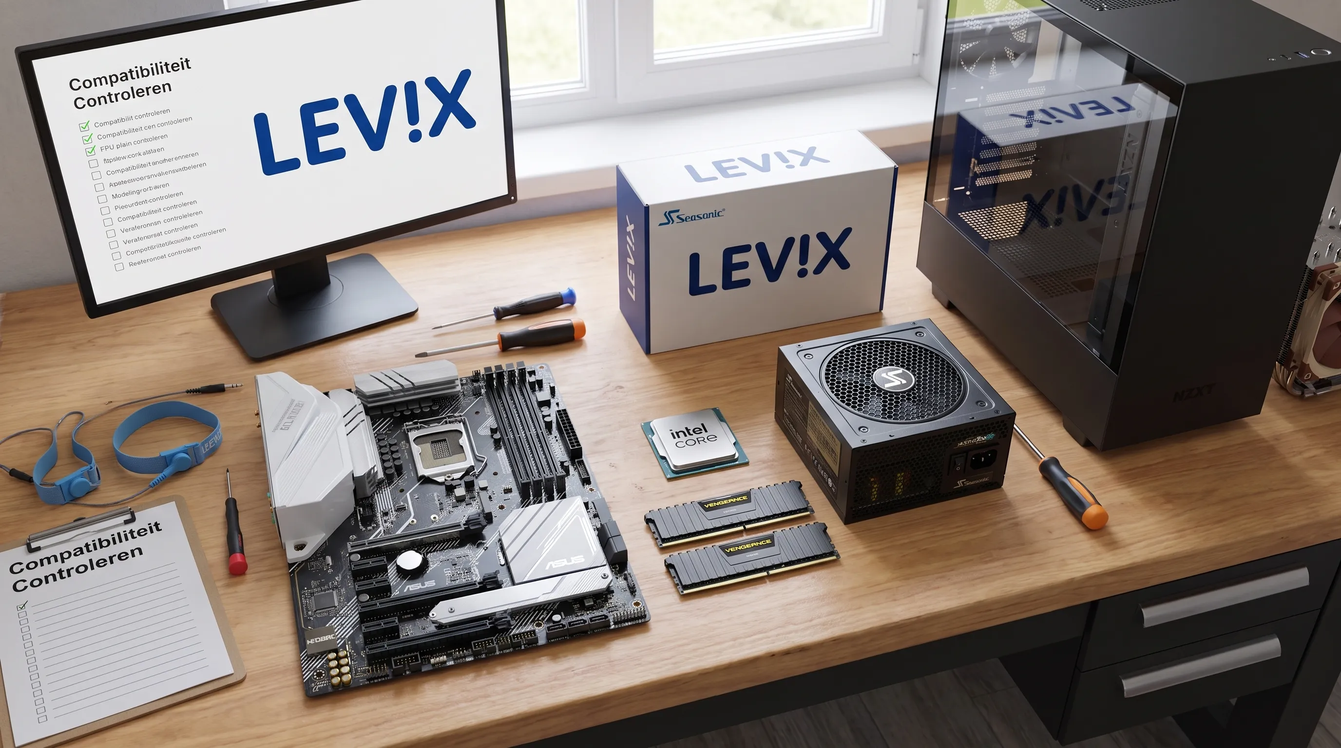 Een werktafel met pc-onderdelen naast elkaar, waaronder moederbord, processor, geheugen, voeding, behuizing en koeler, klaar om compatibiliteit te controleren.