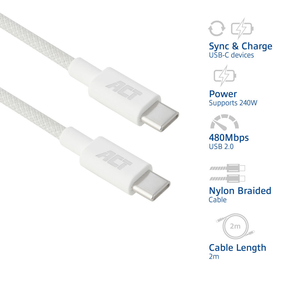 ACT USB-Kabel, USB-C, 240W, 2m, Wit