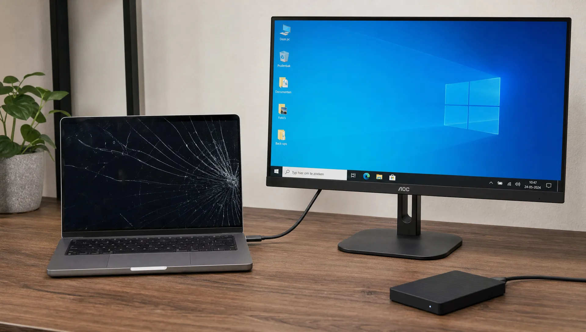 Een laptop met een gebarsten scherm staat naast een externe monitor waarop een bureaublad zichtbaar is, met een kabel tussen laptop en monitor en een externe schijf ernaast voor het veiligstellen van bestanden.