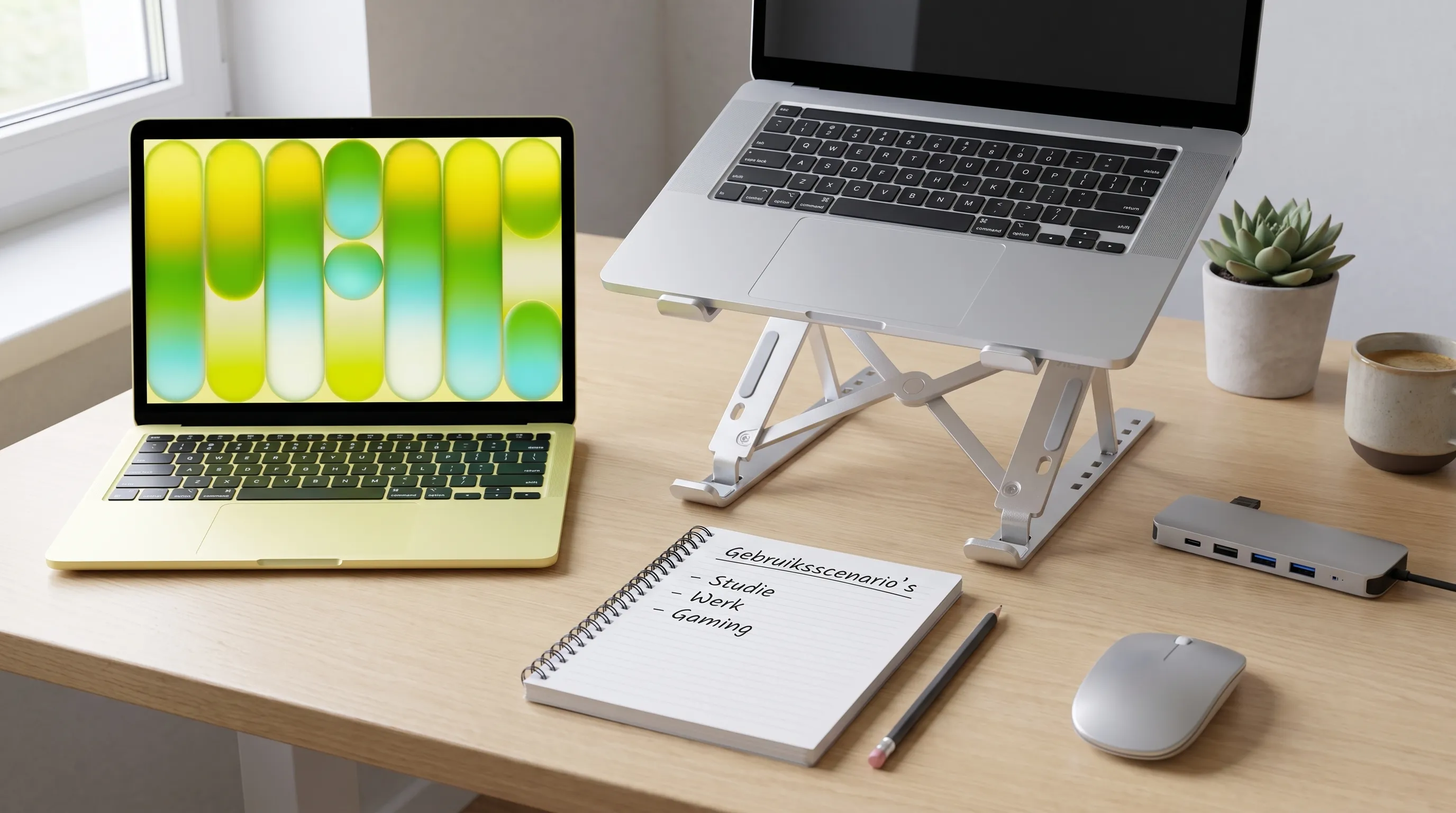 Een overzichtelijke werkplek met verschillende laptops naast elkaar, een notitieboek met gebruiksscenario’s zoals studie, werk en gaming, en accessoires zoals een muis, USB-C adapter en laptopstandaard.