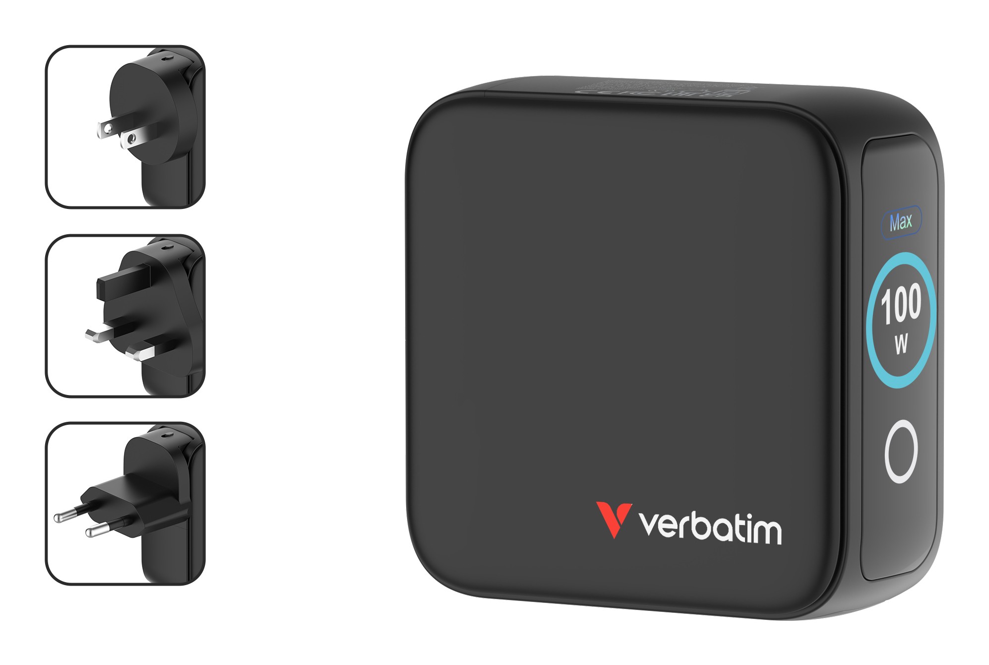 Verbatim Mini GaN Lader met display, 100W, 2x USB-C, 1x USB-A