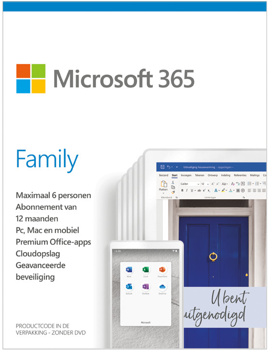 Microsoft Office 365 Family, 1 jaar, 1PC, Mac of Mobiel